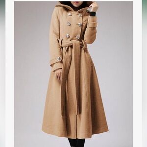 Camel Double-Breasted Coat Hooded